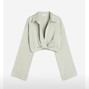 H&M Satin Crop Blouse Light Khaki Green Small